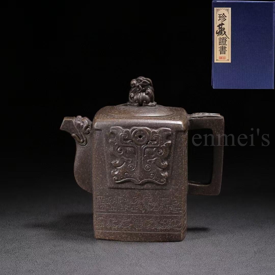 中国古美術・原鉱古銅泥四方獅頂紫砂壺・底款：顧景舟・紫砂壺・急須・茶道具・置物