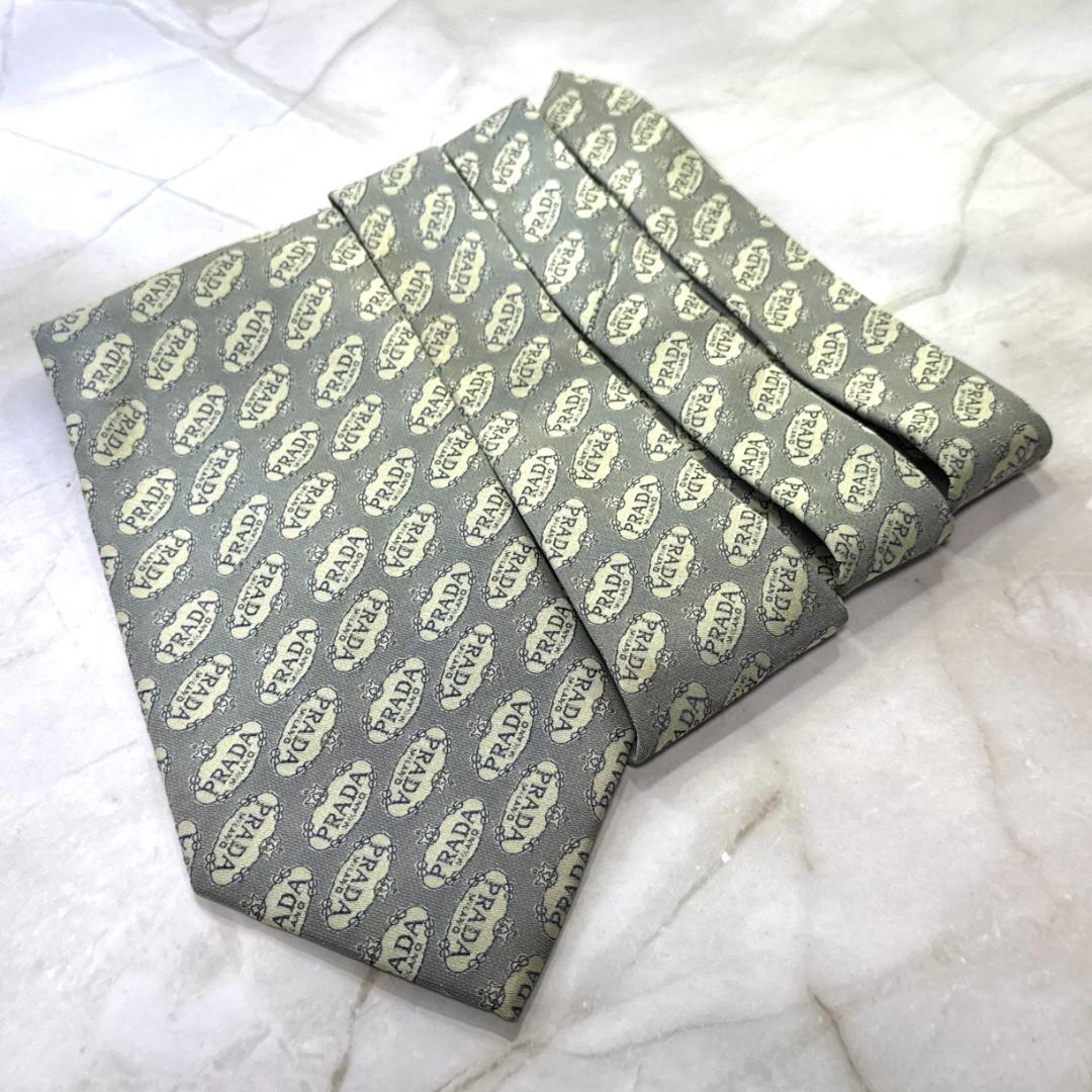 ☆即発 PRADA プラダ ネクタイ 総柄 ロゴ ジャガード織 グレー 美品