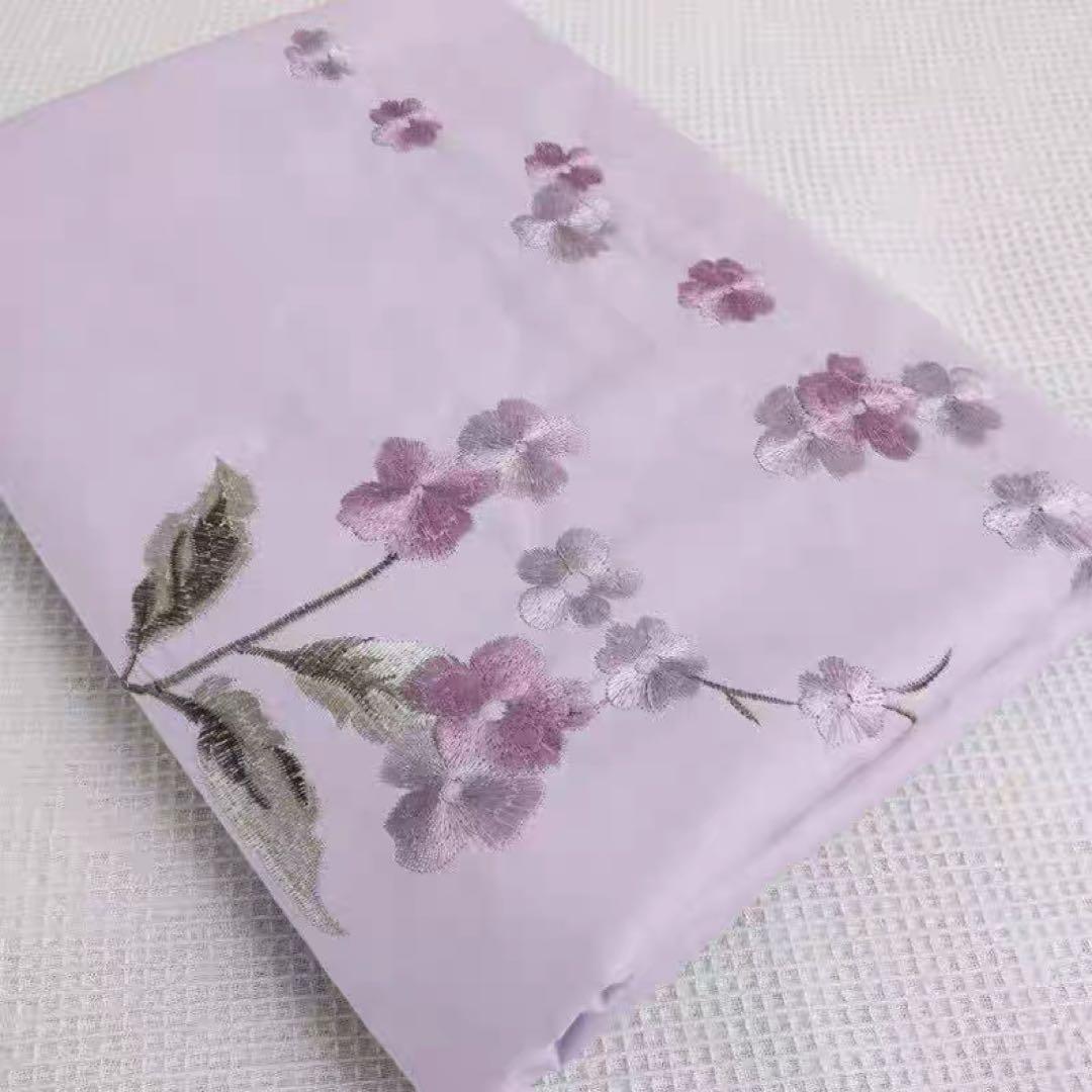 紫色100%綿花柄刺繍布団カバーシール枕カバー４点セット