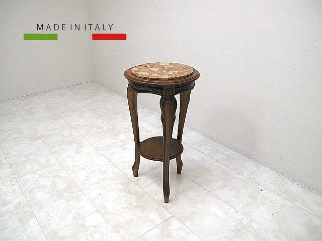 イタリア製 大理石トップ サイドテーブル 花台 丸型 直径41cm 高さ75cm