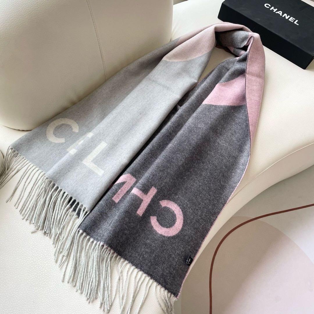 CHANEL マフラー　ピンク×グレー　大判ロゴ
