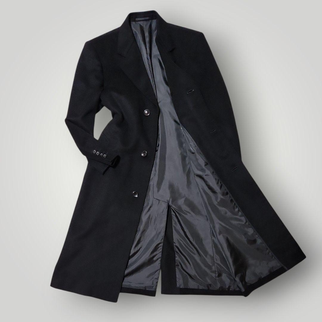 極美品 カシミヤ アンゴラ混 115cmマキシ丈 チェスターコート M 黒