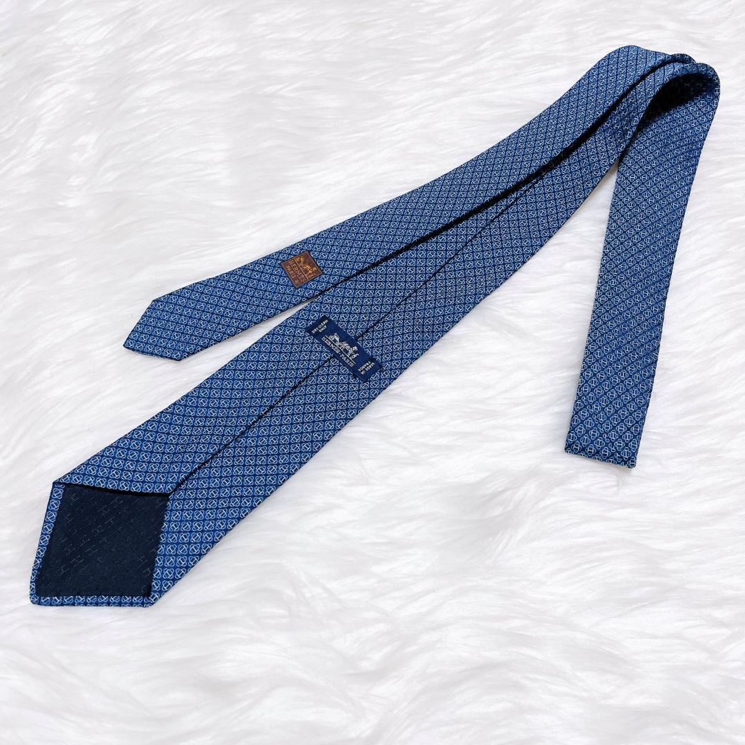 希少柄　HERMES エルメス　ブルー　幾何学模様 ネクタイ　シルク　近代