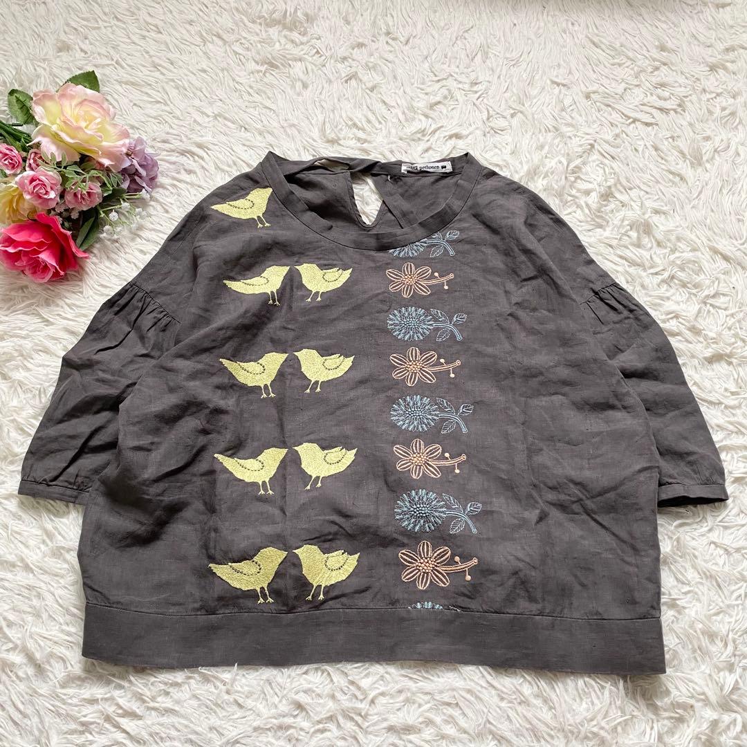 極美品■ミナペルホネン　Tori to hana　刺繍　リネンブラウス　38
