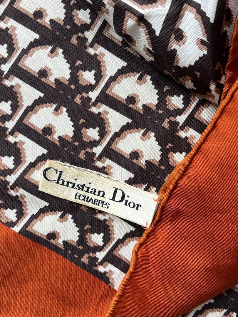 【美品】ChristianDior スカーフ ブラウン　ホワイト　オレンジ系