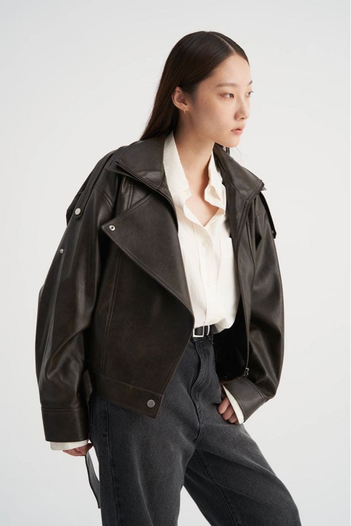 定価以下Venica Carven スタンドカラーレザーブルゾン　ブラウン