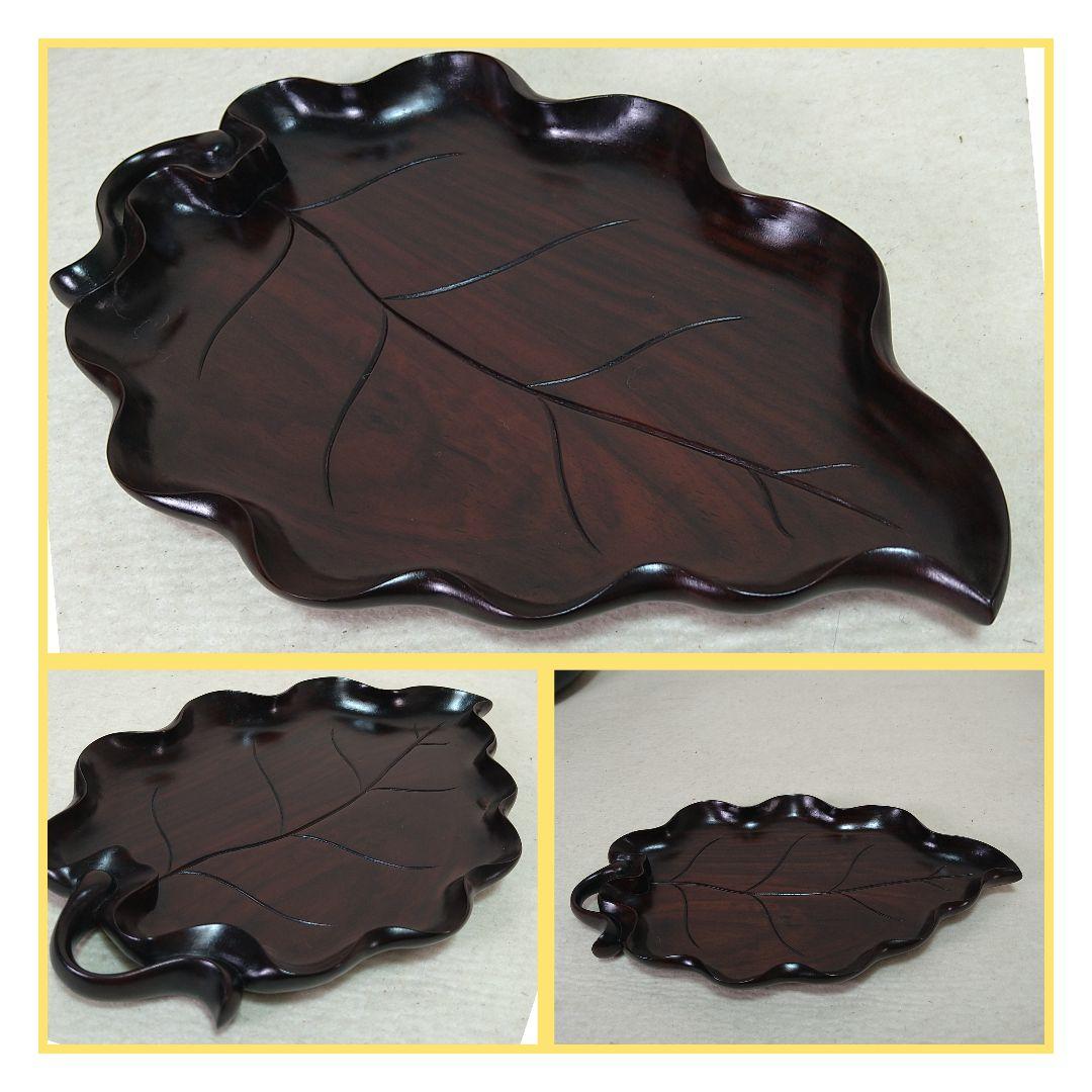 A461 紫檀製 茶櫃くりぬき 菓子器五枚 葉型菓子皿彫刻菓子器セット煎茶道具