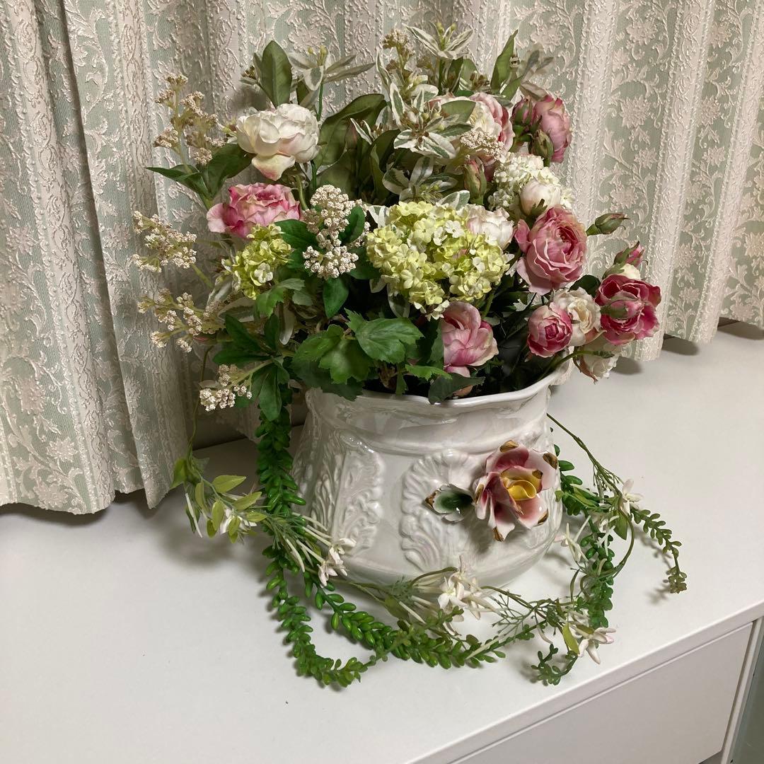 【造花付】カポディモンテ イタリア製 花瓶 フラワーベース 白＋虹色コーティング