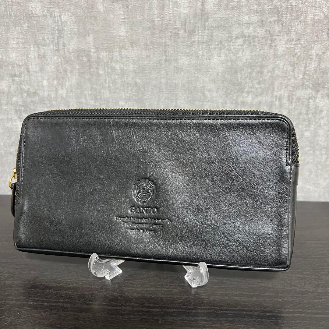 GANZO ミネルバナチュラル ブラックレザー ラウンドジップ 長財布