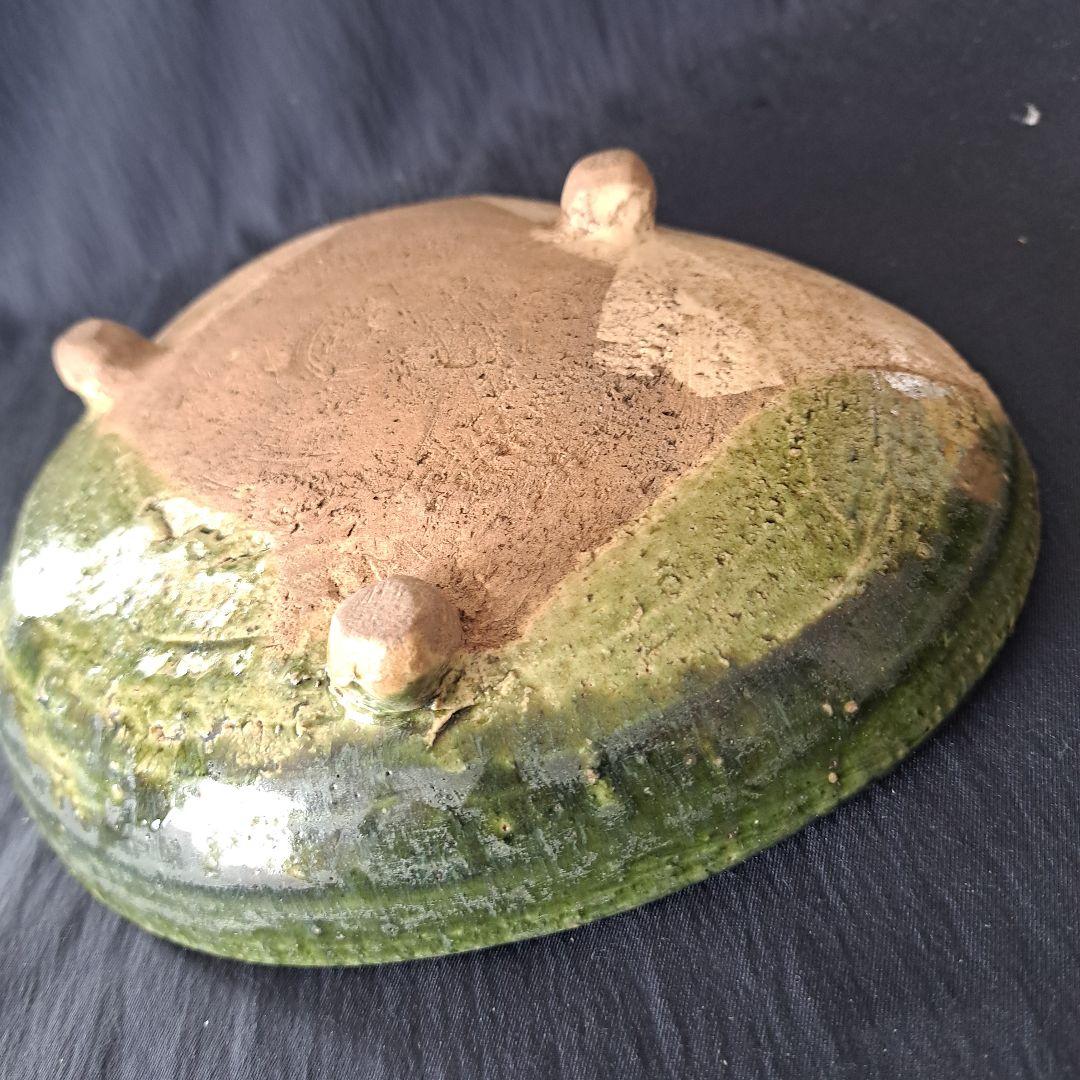 「織部(おりべ)焼 鮑(あわび)皿の用と美」緑釉皿(幅23cm) 骨董アンティー
