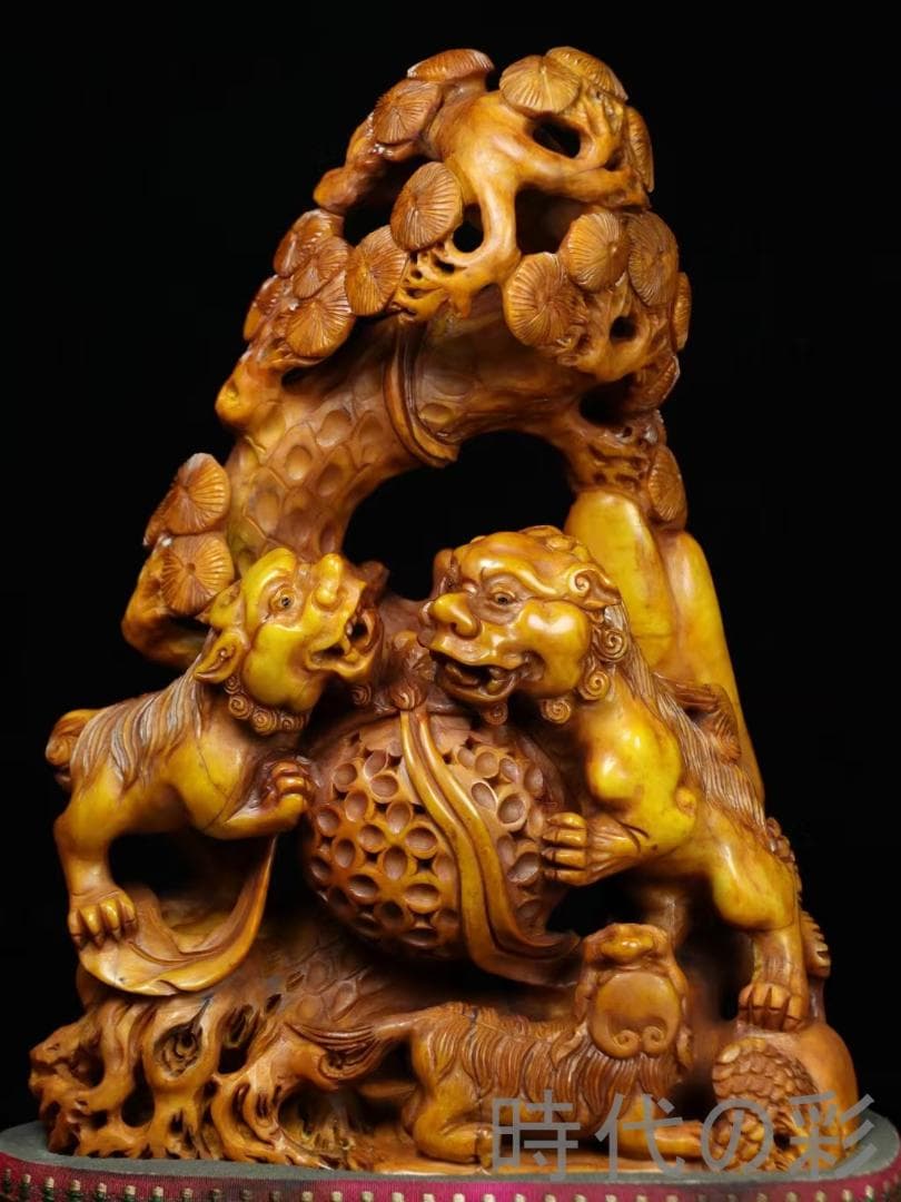中国古美術【寿山田黄石 獅子】滄作款 旧蔵重器 細密彫 手彫り 細作 在銘 置物