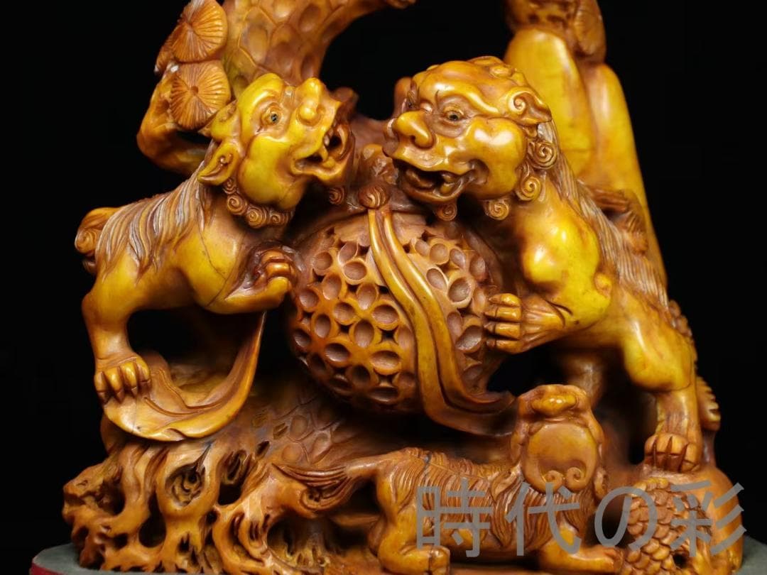 中国古美術【寿山田黄石 獅子】滄作款 旧蔵重器 細密彫 手彫り 細作 在銘 置物