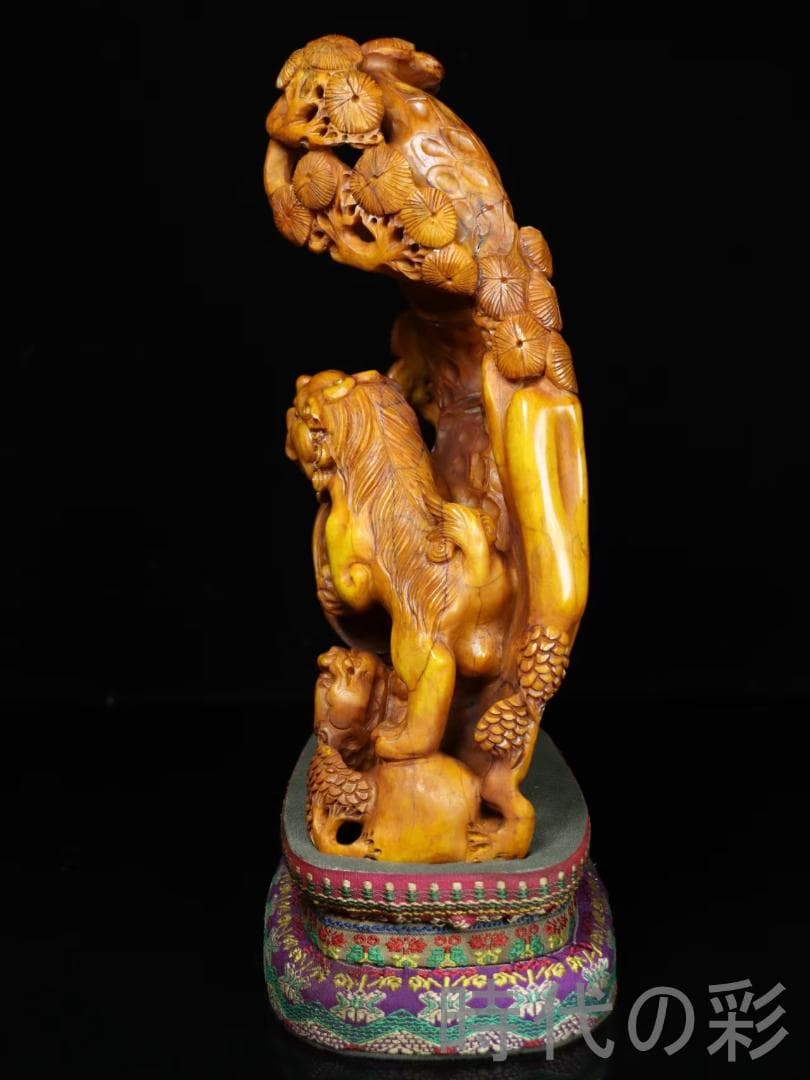 中国古美術【寿山田黄石 獅子】滄作款 旧蔵重器 細密彫 手彫り 細作 在銘 置物