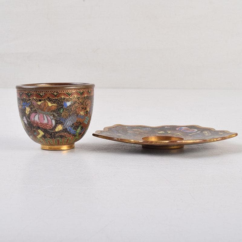 中国　古七宝琺瑯彩　神獣文　煎茶碗　茶托　D　R9211