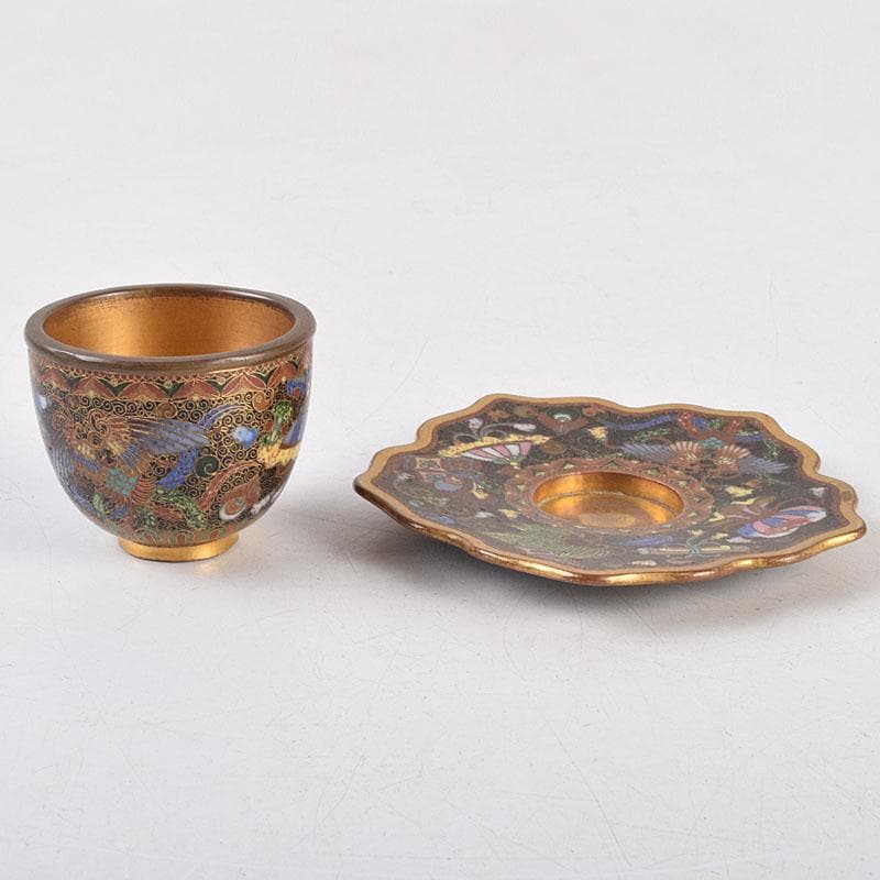 中国　古七宝琺瑯彩　神獣文　煎茶碗　茶托　D　R9211