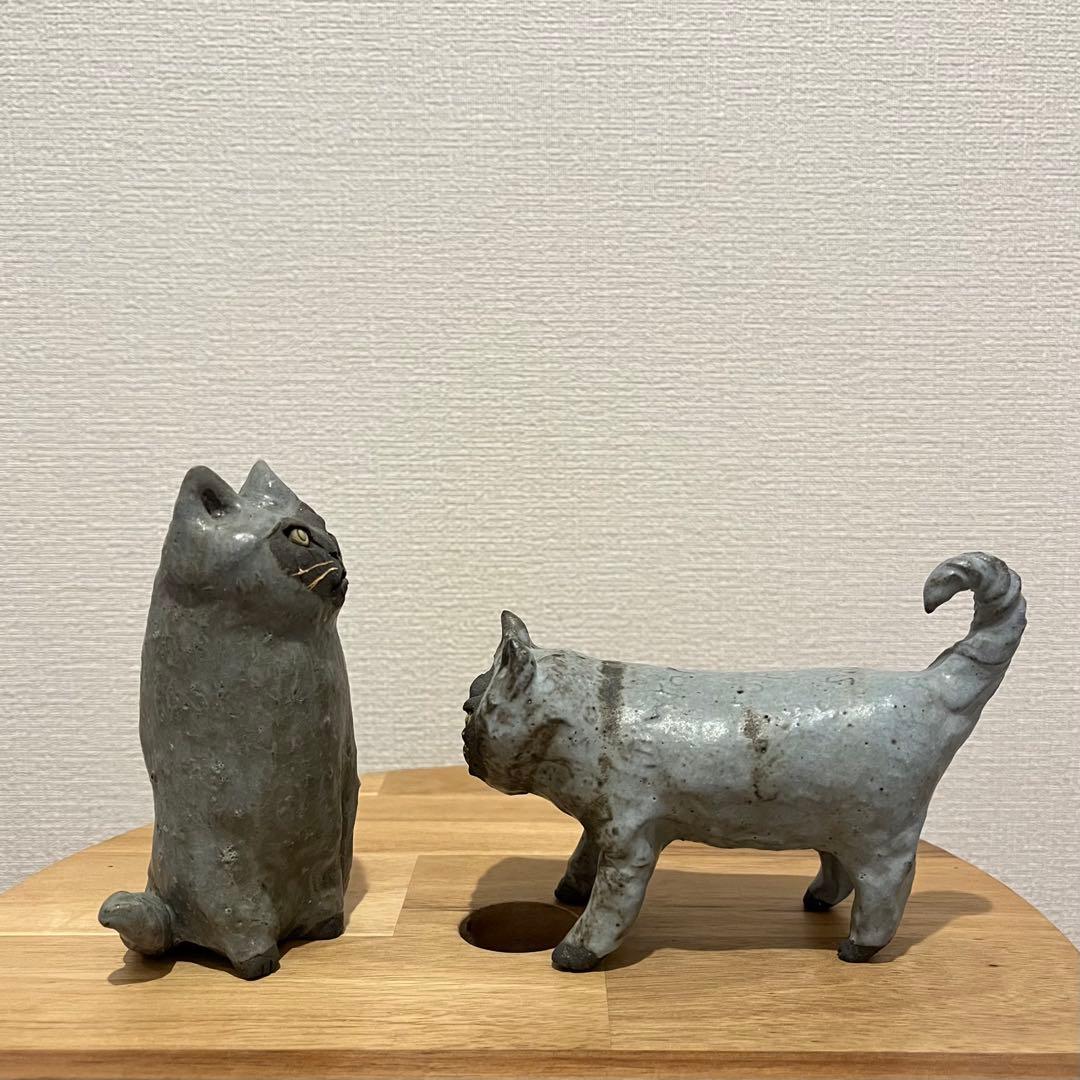 岡山富男　作家の手作り陶器　猫の置物　セット