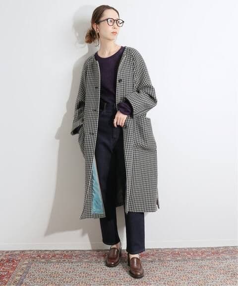 IENA LA BOUCLE チェックノーカラーコート