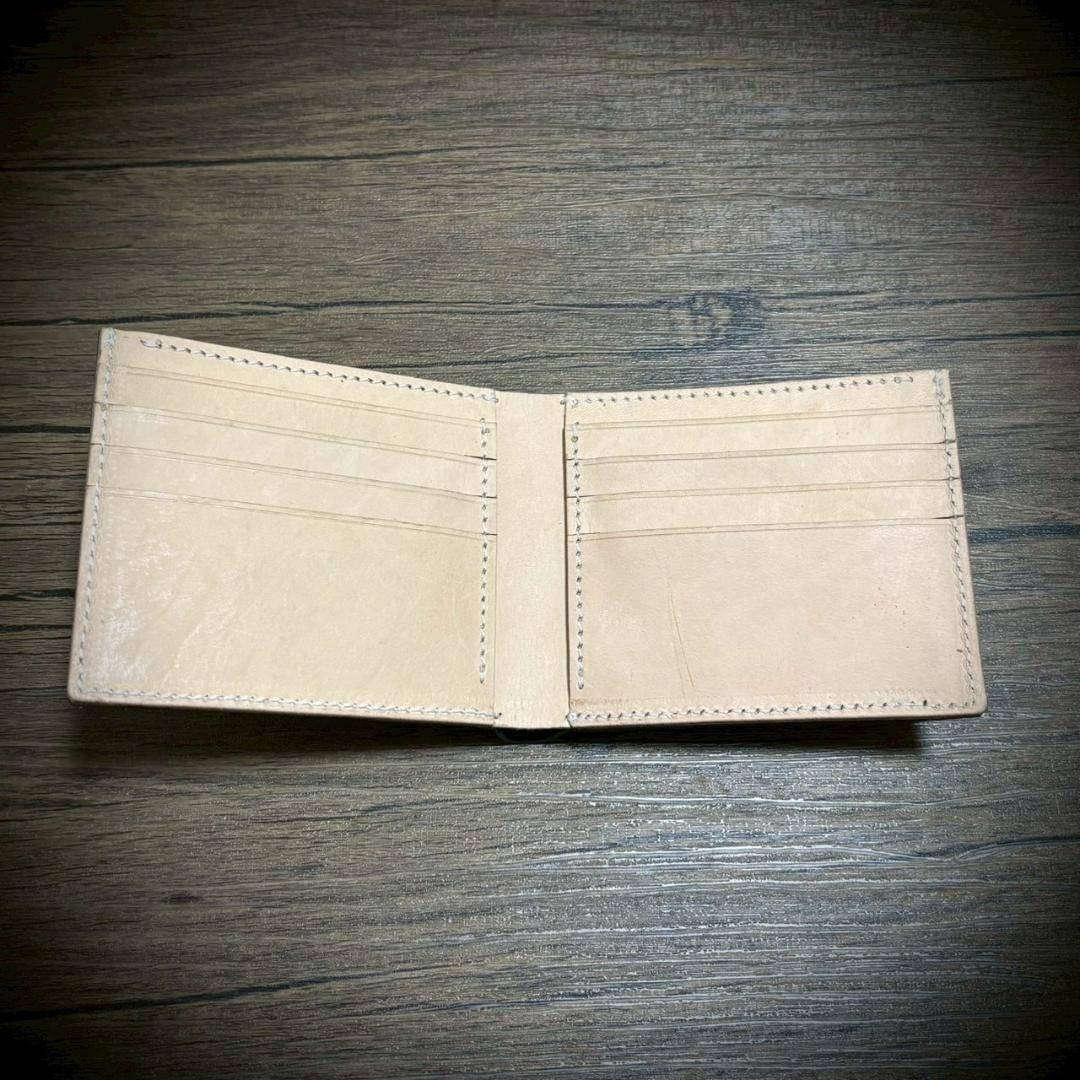 経年変化 二つ折り 財布 生成り ナチュラル 手縫い ヌメ革 本革 牛革 革財布