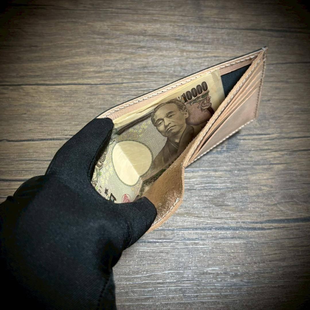 経年変化 二つ折り 財布 生成り ナチュラル 手縫い ヌメ革 本革 牛革 革財布