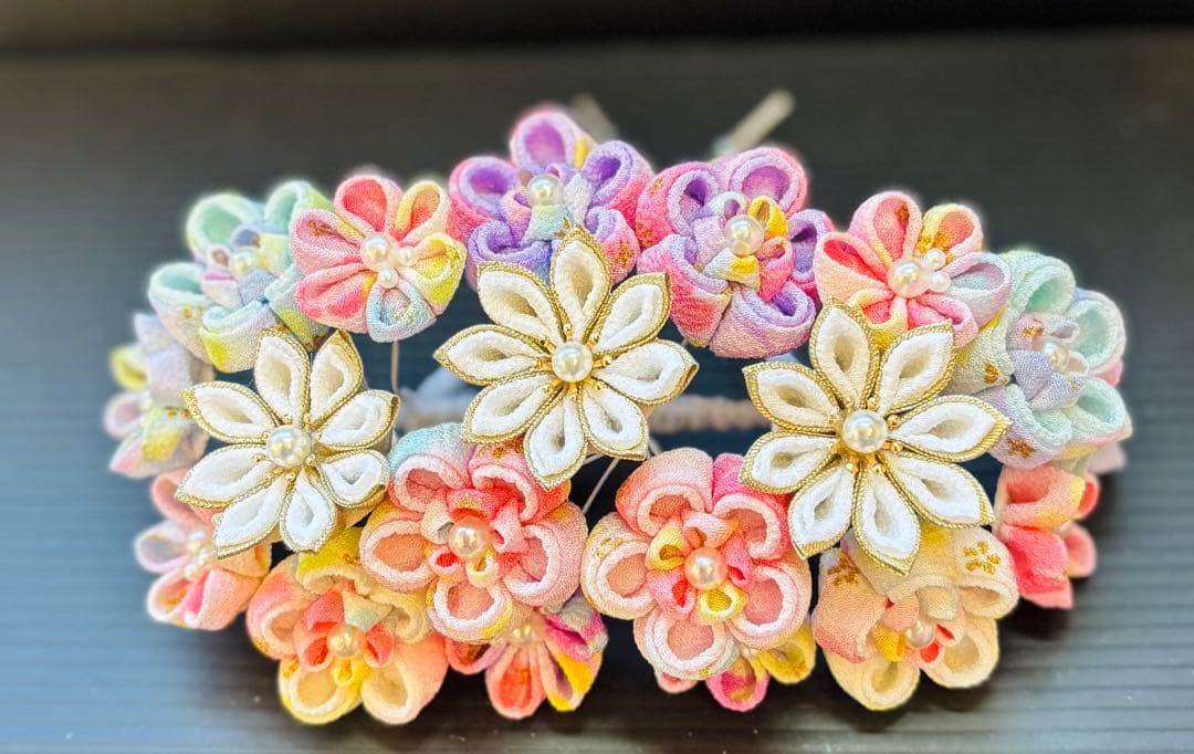 七五三髪飾りセット つまみ細工 パステルカラー 桜色×白色
