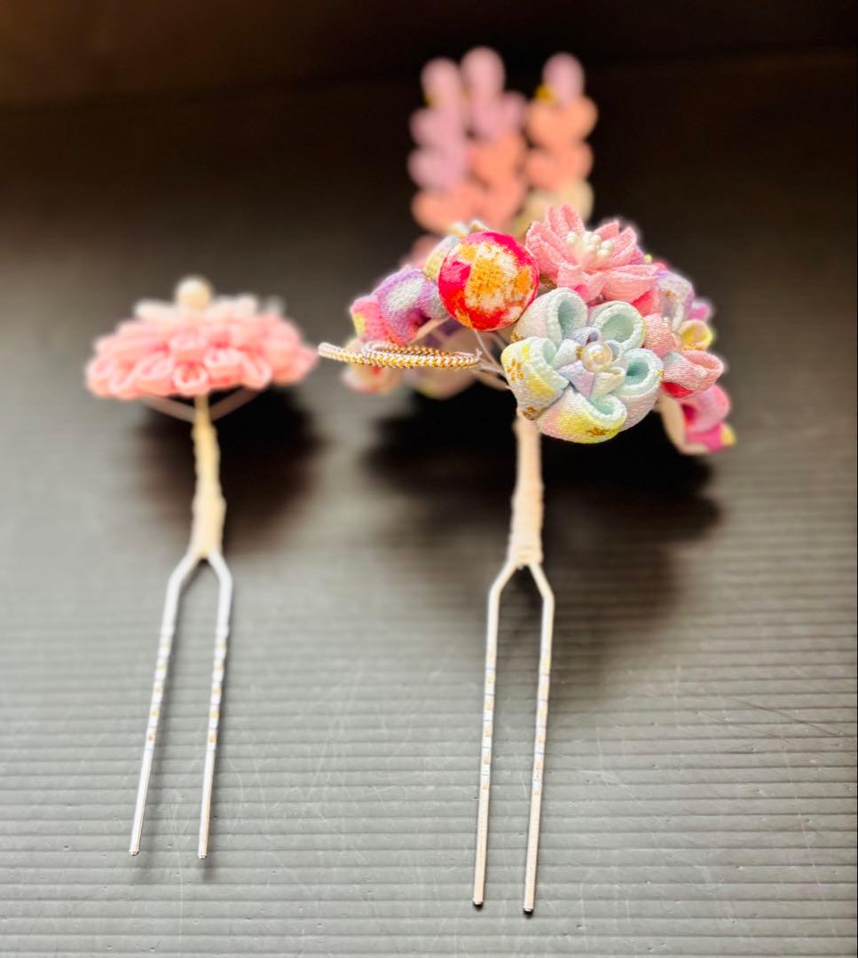 七五三髪飾りセット つまみ細工 パステルカラー 桜色×白色