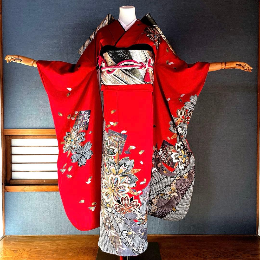 振袖フルセット　金彩友禅　成人式振袖　振袖　裄丈67 赤　桜