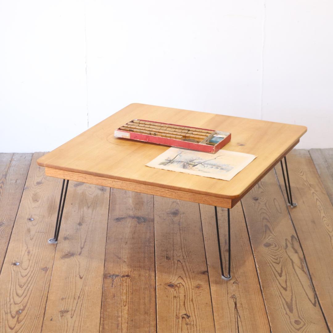 オーク無垢材 ローテーブル 正方形 座卓 ちゃぶ台 机 折りたたみ アイアン脚