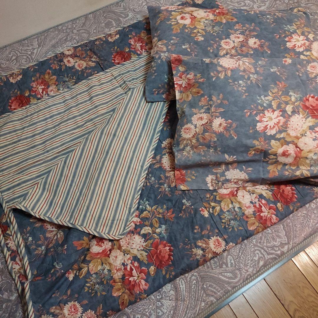 Ralph Lauren 花柄/ストライプ ベッドカバー&ピローケース(2点)