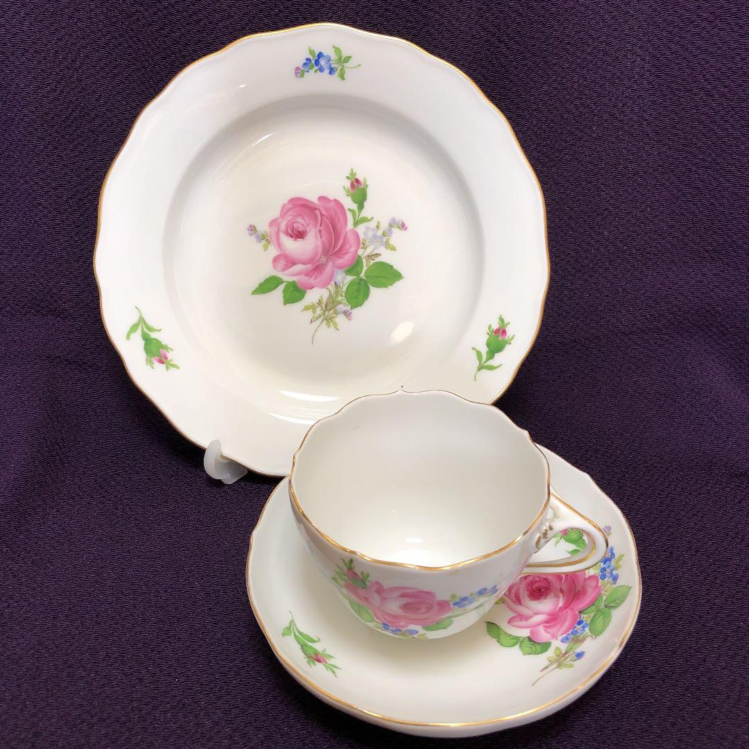 マイセン カップ&ソーサー&プレート[ピンクローズ＆(勿忘草)希少品]￼2客組