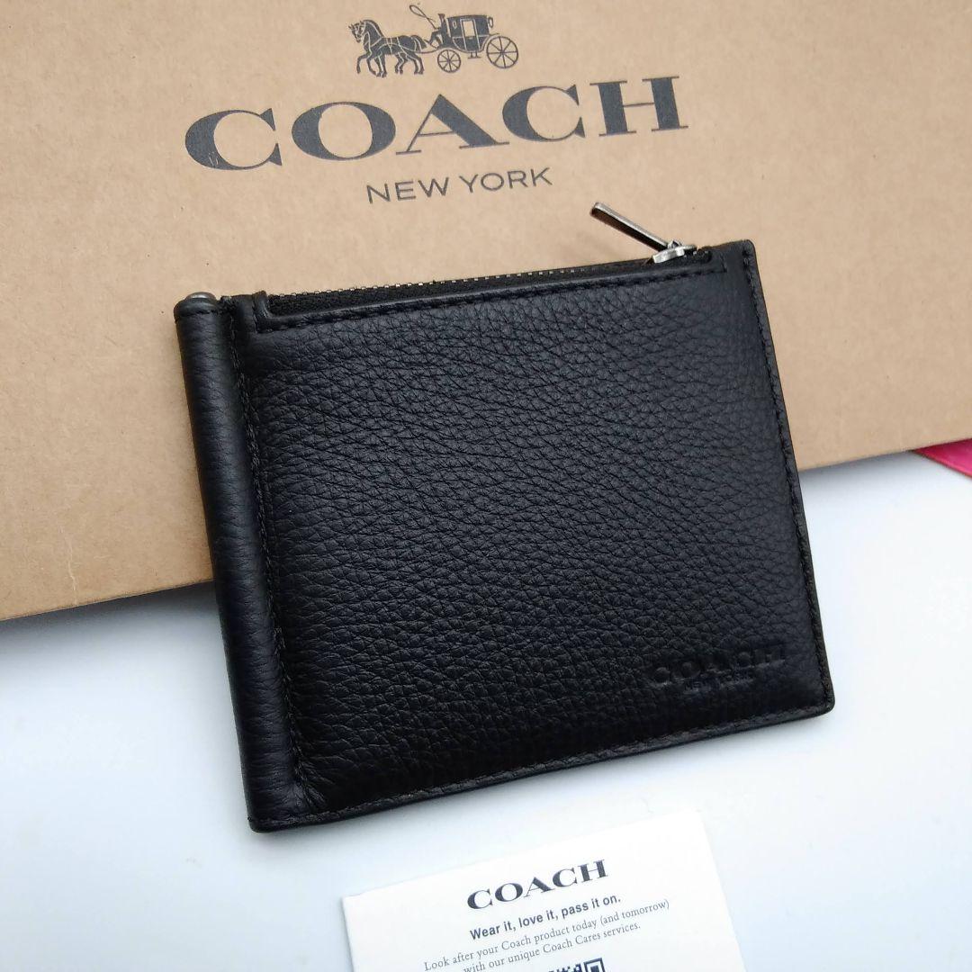 新品　COACH　マネークリップ　折り財布　メンズ　人気の小銭入れ付き　ブラック
