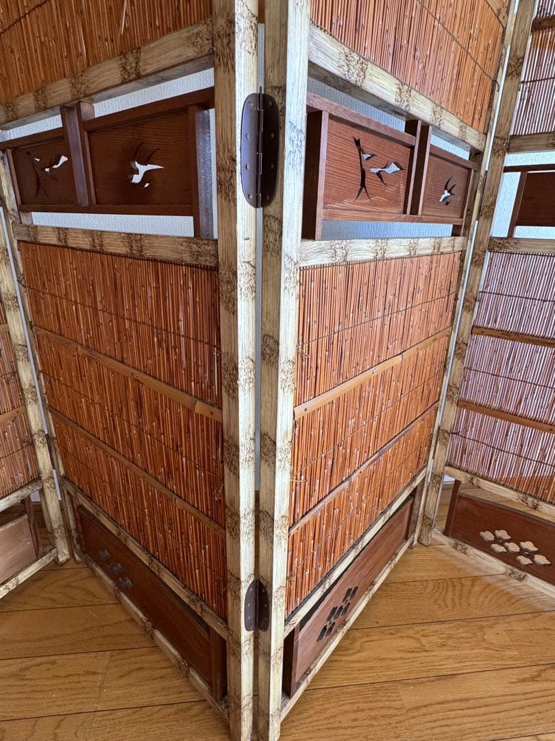 昭和レトロ 4連 衝立 パーテーション 透かし彫り 古道具