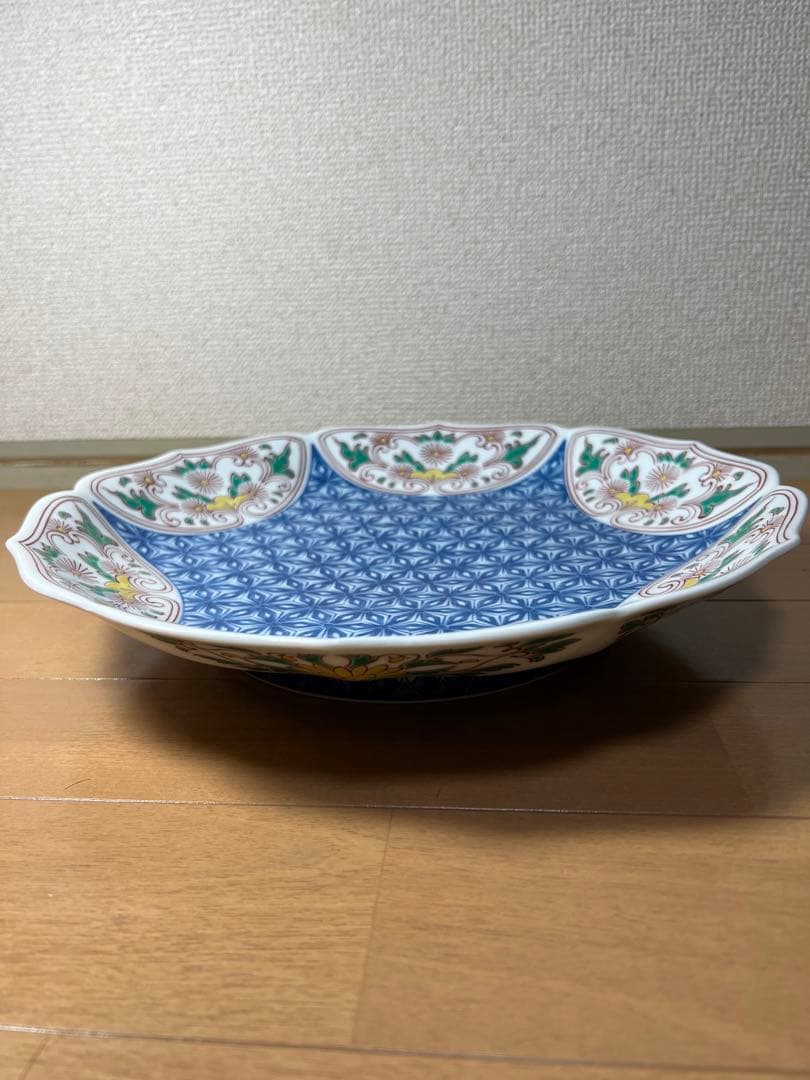 589 有田焼 其泉 賞美堂 色鍋島 麻の葉地紋 桔梗緑　大皿　30cm 未使用