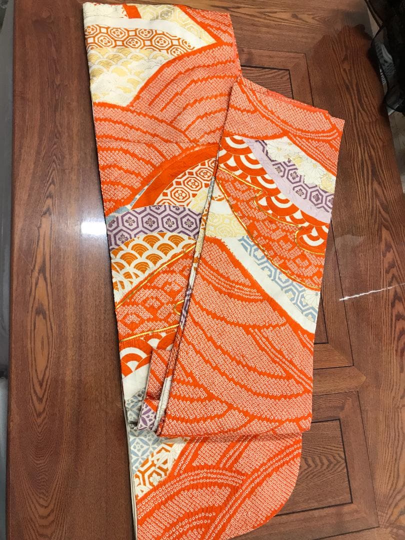 HG8847 振袖 絞り オレンジ 梅 松 菊 鱗 着丈約166.5ｃｍ 着物