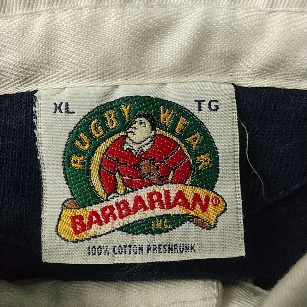 人気サイズ☆バーバリアン 太ボーダー 刺繍 米企業ロゴ ラガーシャツ XL