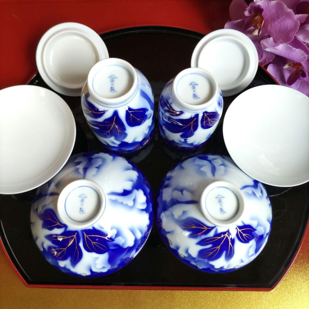 深川製磁　瑠璃牡丹金ミル　睦碗ご飯茶碗　夫婦茶碗組湯呑み　酒器揃木箱入10万以上