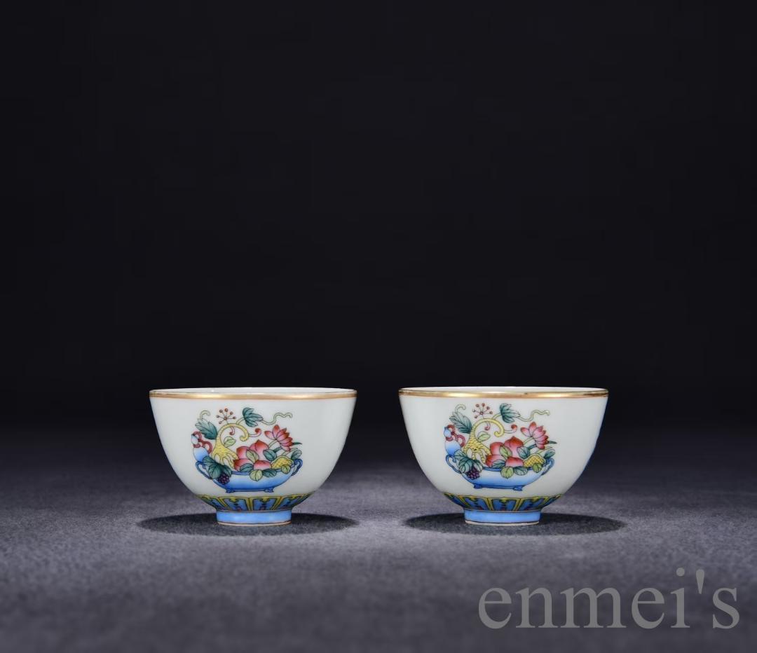 中国古美術・旧蔵・清乾隆粉彩多宝図杯セット・銘紋・唐物・茶碗・茶道具・古陶磁器