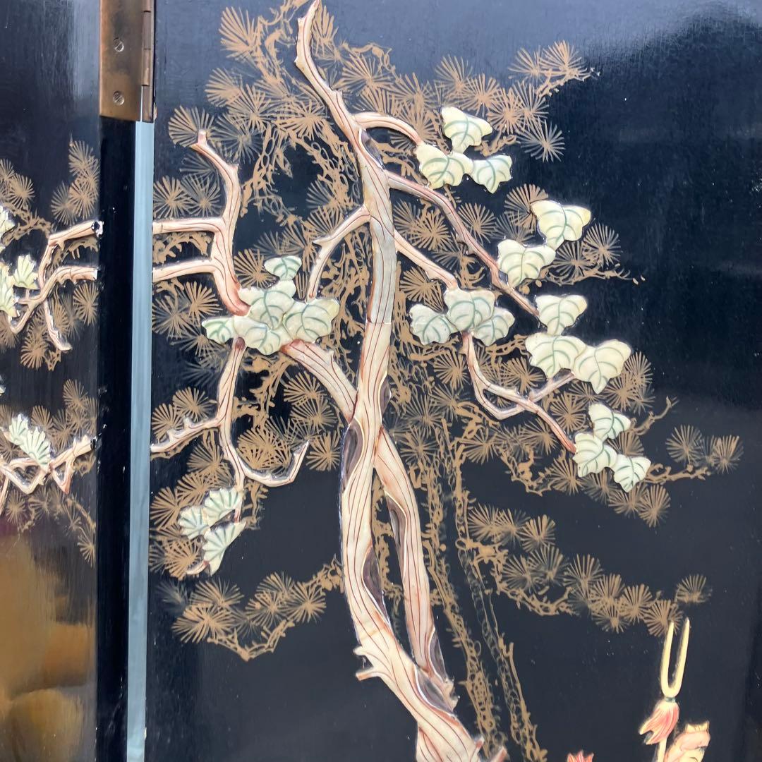 中国骨董 螺鈿細工 兵士 古典画装飾彫り 木製 4連パーテーション 衝立 屏風