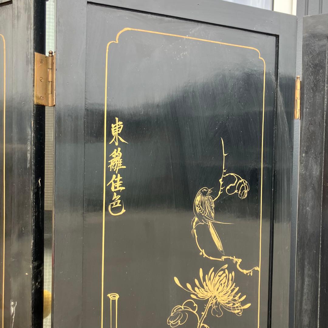 中国骨董 螺鈿細工 兵士 古典画装飾彫り 木製 4連パーテーション 衝立 屏風