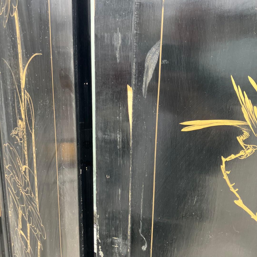 中国骨董 螺鈿細工 兵士 古典画装飾彫り 木製 4連パーテーション 衝立 屏風