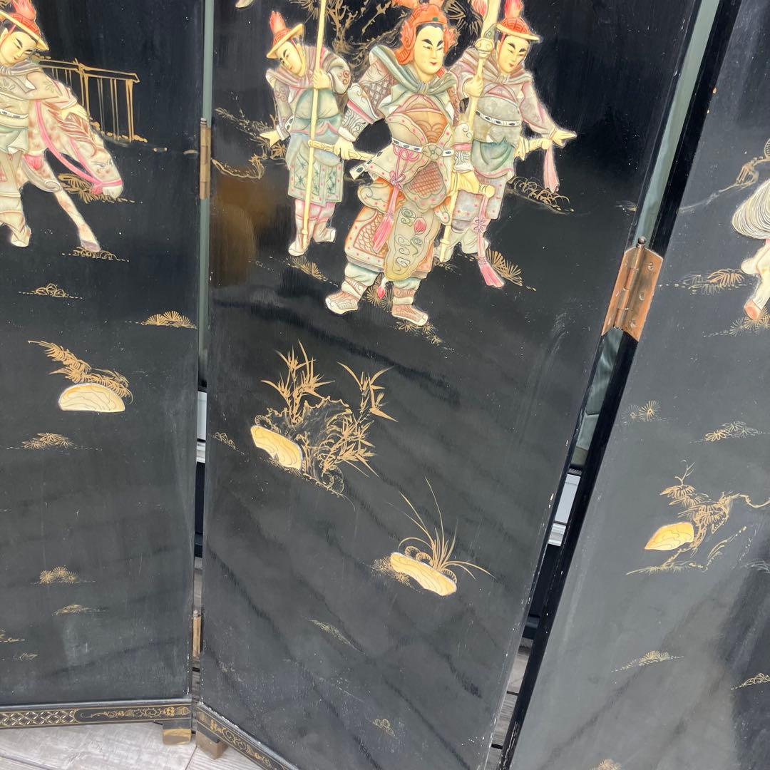 中国骨董 螺鈿細工 兵士 古典画装飾彫り 木製 4連パーテーション 衝立 屏風