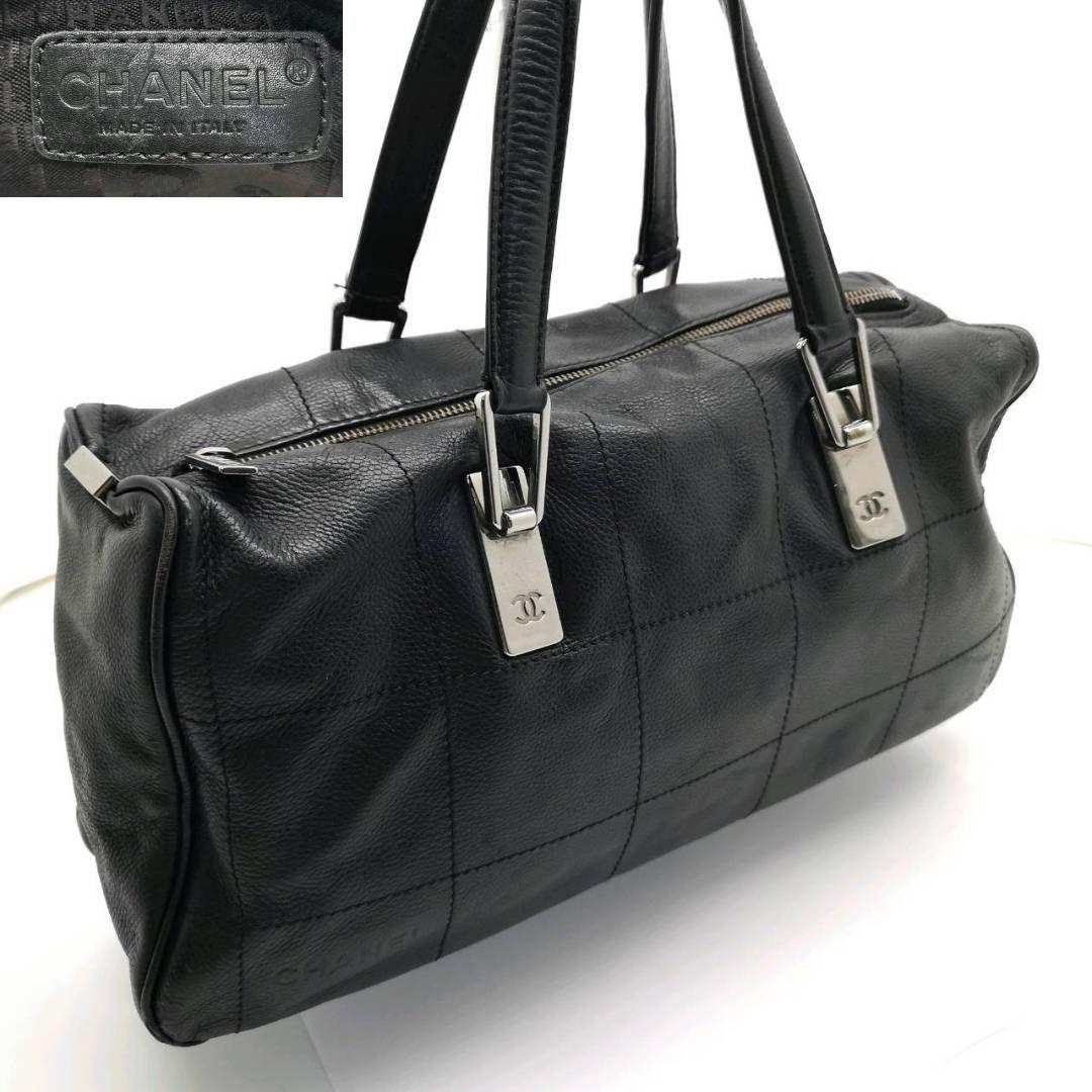 美品 シャネル チョコバー レザー ハンド バッグ 黒 イタリア製 キルティング