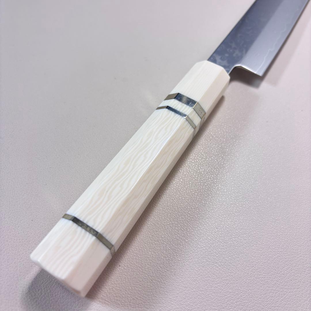 尺300mm 柳刃包丁 墨流しダマスカス　人工象牙八角柄 和包丁 白•