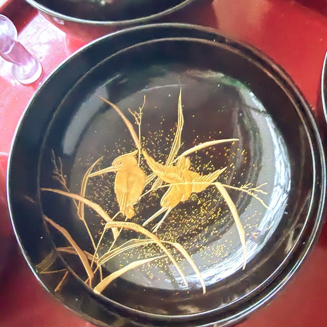 2245様感謝‼️JAPAN蒔絵かわせみ天然木伏蒔絵 芦にかわせみ真塗厚物椀 5客