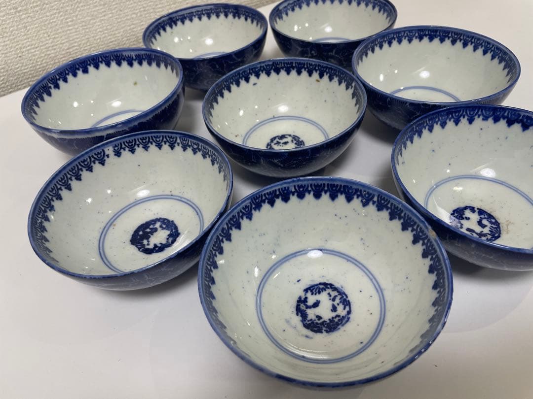 古伊万里 染付 花唐草模様 レトロ 明治 蓋付き 茶碗 8客 蓋9客