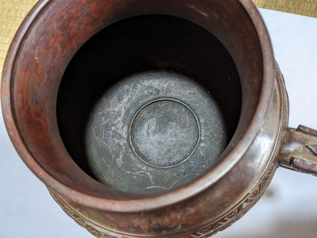 ♦銅器 神獣文 龍双耳 三足花器 初代 定塚義正 明治〜大正時代 花生 骨董品