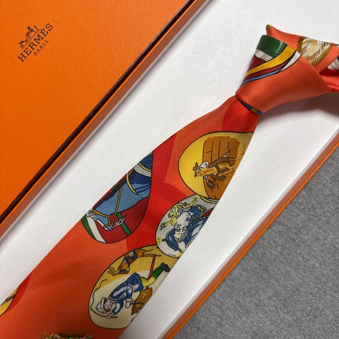 未使用　エルメス　ネクタイ　オレンジ　スカーフ柄　総柄　派手　結婚式