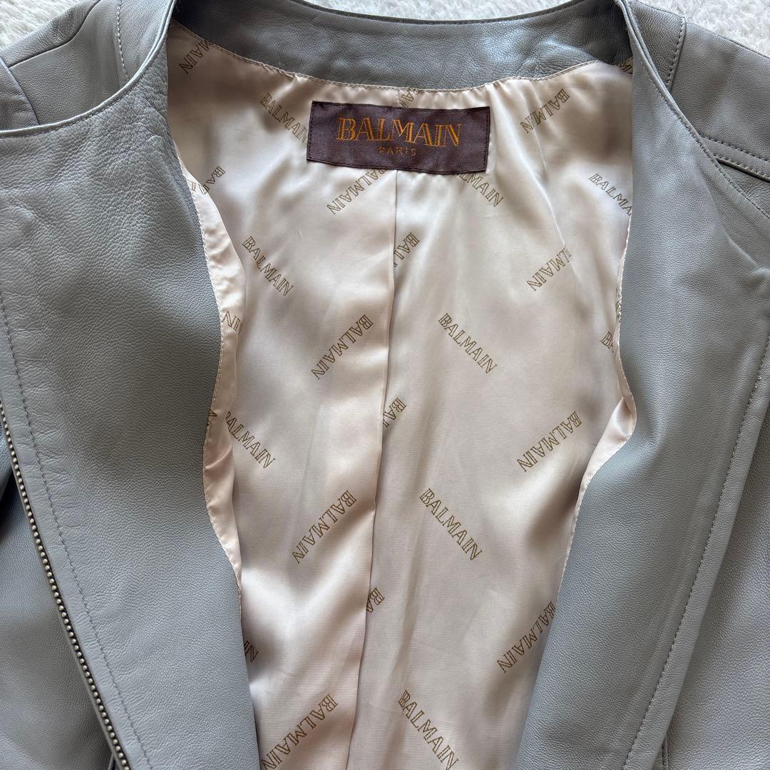 BALMAIN バルマン　ラムレザージャケット　ノーカラー　羊革　13号　グレー