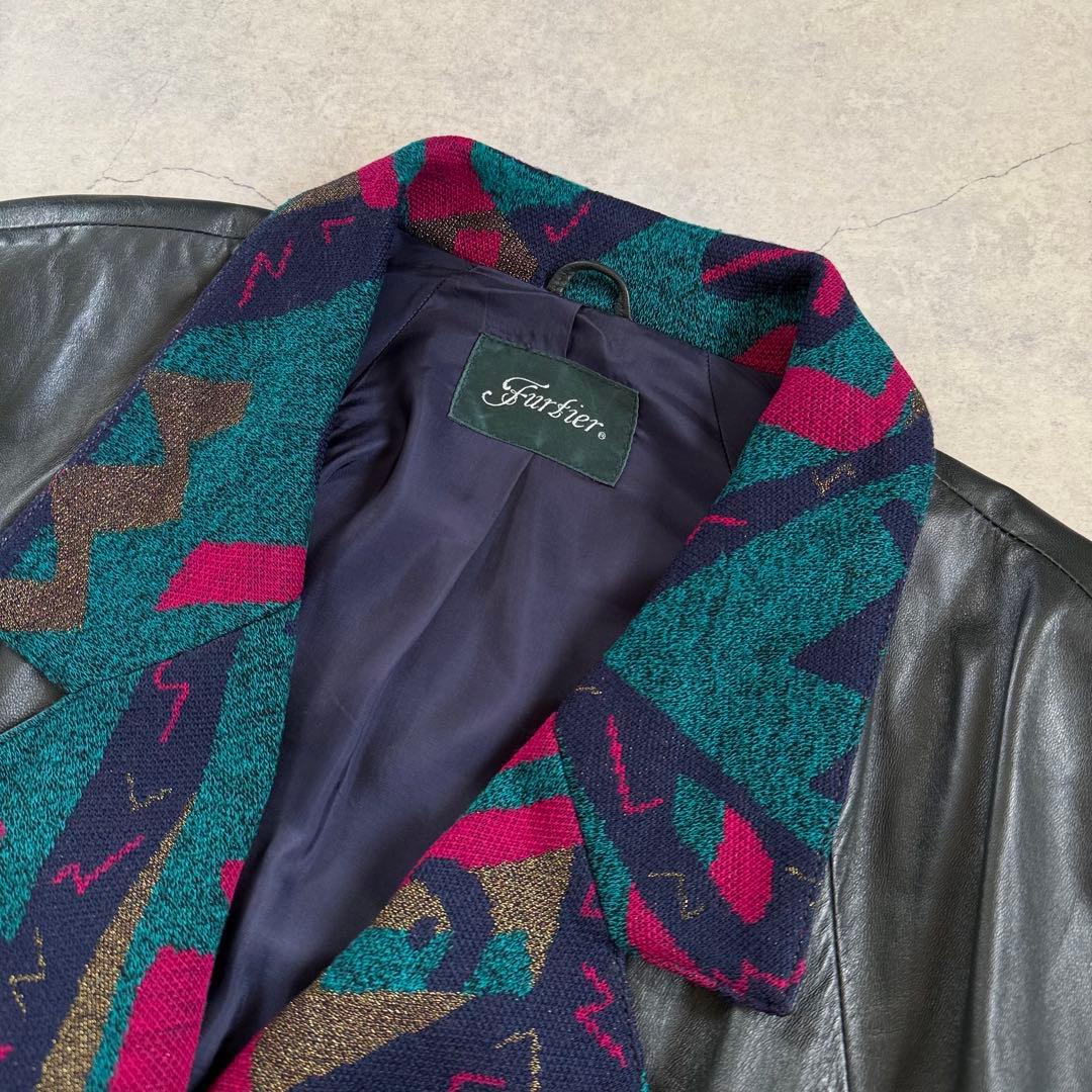 ヴィンテージ レトロ古着 ジャガード総柄襟レザージャケット 羊革 グレー系 希少