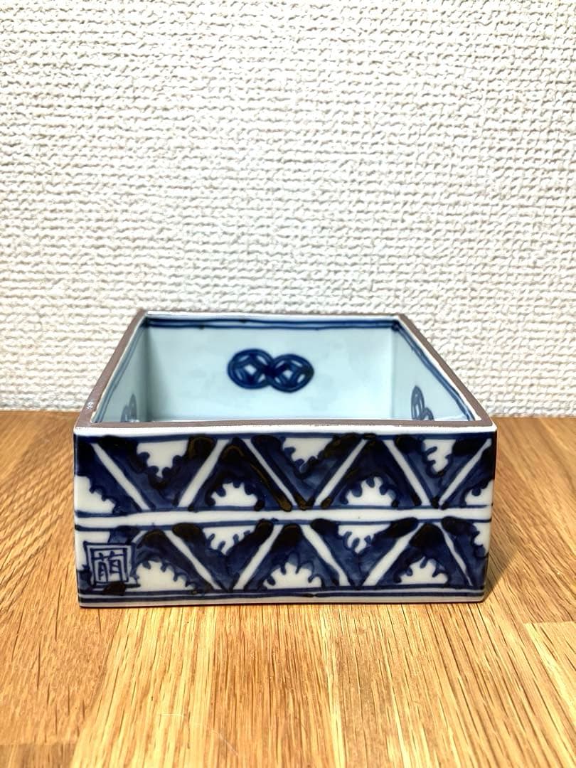 新品未使用　九谷焼　萠窯　四方鉢　染付 藍九谷　山本長左・妙泉陶房に師