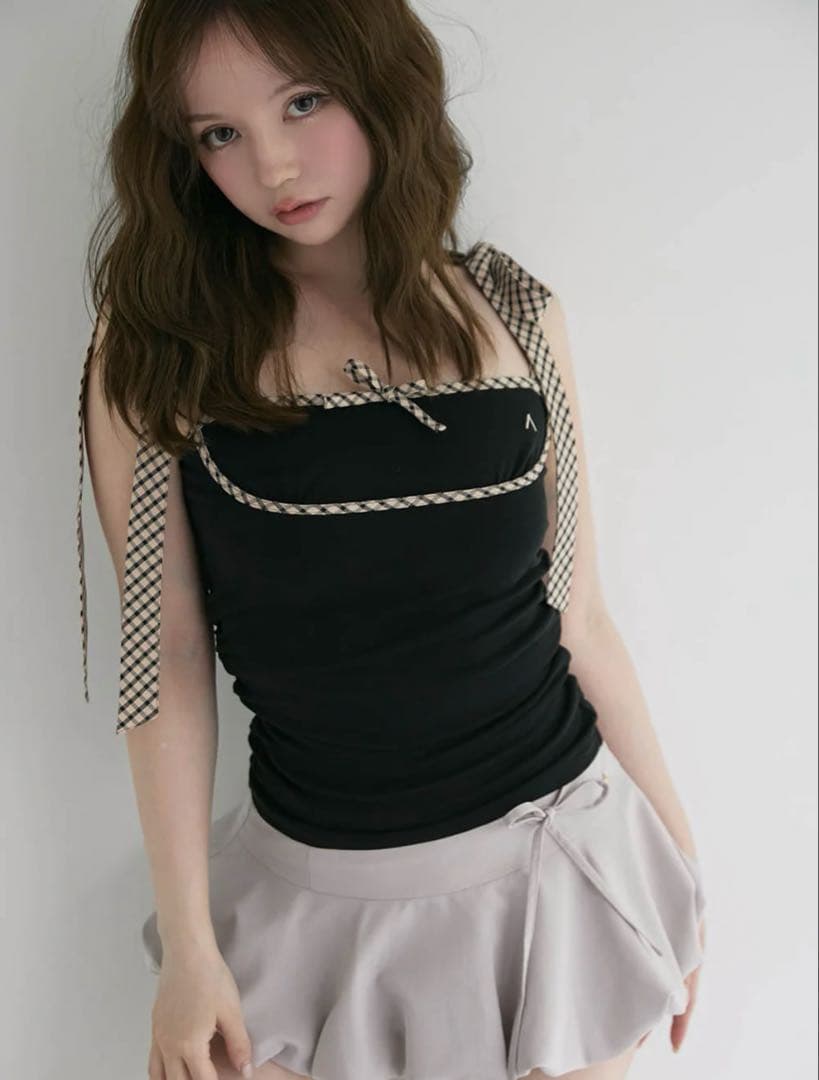 トップス andmary Alice check ribbon tops black